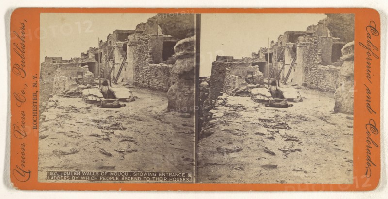 Outer Walls of Mouqui, Showing Entrance & Ladders by Which People Ascend to their Houses; Union View Company; 1880s; Albumen
