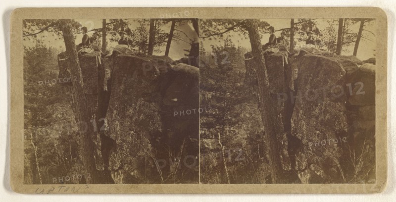 People sitting on large rocks in woods; Attributed to B. F. Upton, American, born 1818, active Minneapolis and St. Anthony
