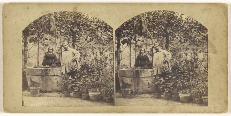 Young French couple standing in their garden near a well; Henry Van Der Helle, French, active 1870s, about 1877; Albumen silver