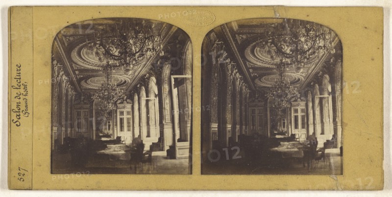 Salon de lecture, Grand hotel, F. Grau, G.A.F., French, active 1850s - 1860s, 1855 - 1865; Hand-colored Albumen silver print