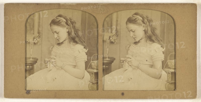 Little girl sewing; F. Grau, G.A.F., French, active 1850s - 1860s, 1855 - 1865; Hand-colored Albumen silver print