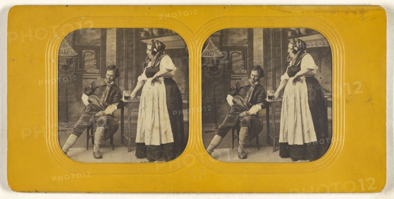 Genre scene: man being served a beer by a woman, the man is reaching in his pocket for money; Charles Gaudin, Ch. G., French