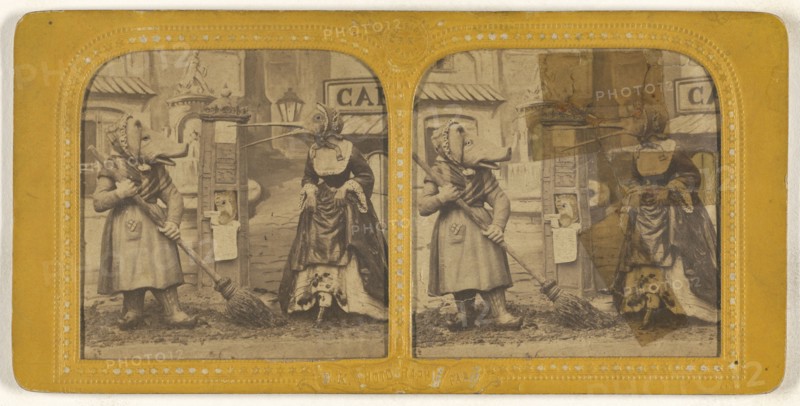 Scene from a play: woman dressed as a pig sweeping with another woman dressed as a bird; Adolphe Block, French, 1829