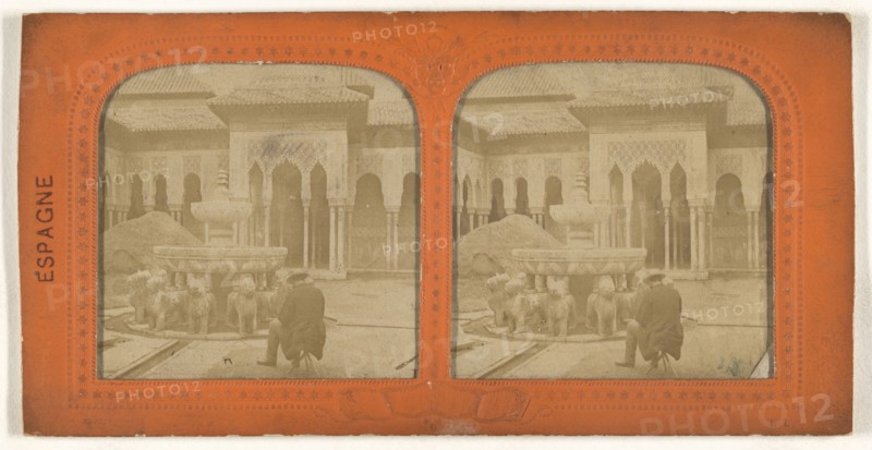 Man seated in front of fountain in the Court of Lions, The Alhambra, Spain; E. Lamy, French, active 1860s - 1870s, 1860s