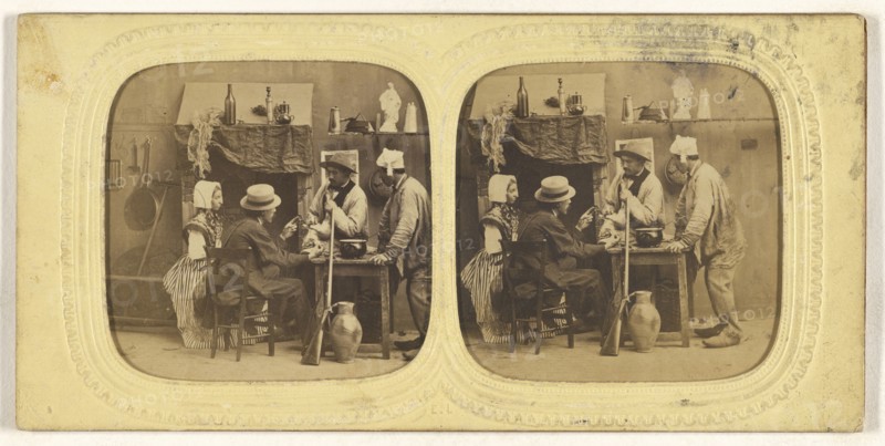 Genre scene: people in discussion around table, one woman with bonnet, gun leaning against table; E. Lamy, French, active 1860s