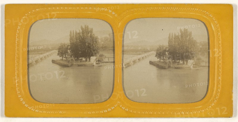 River scene with island, bridge to left, at Geneva; E. Lamy, French, active 1860s - 1870s, 1860s; Hand-colored Albumen silver