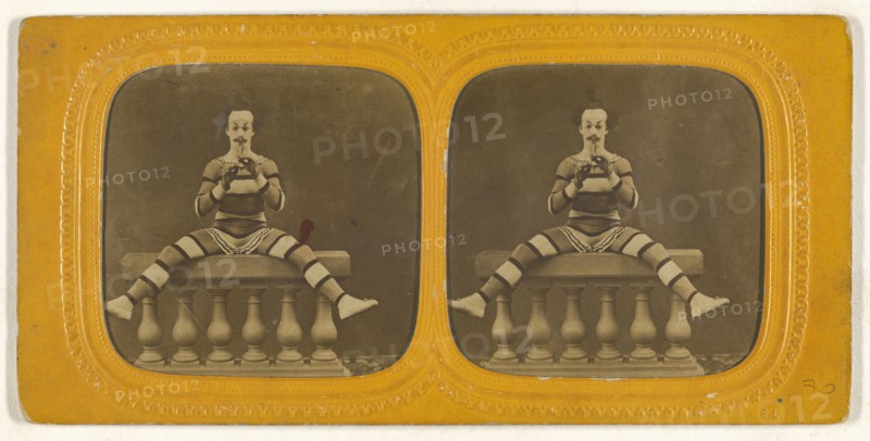 Harlequin playing a small flute; E. Lamy, French, active 1860s - 1870s, 1860s; Hand-colored Albumen silver print