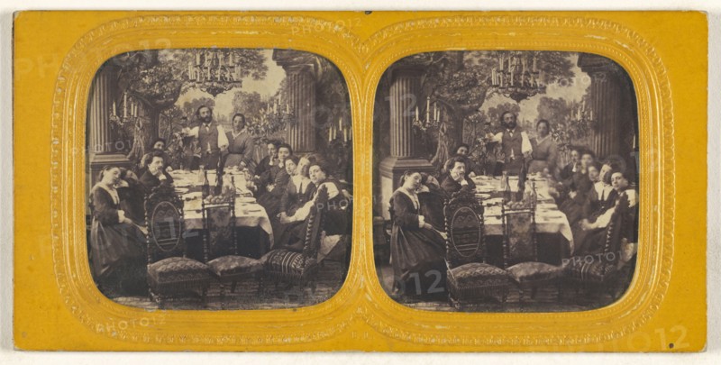 Group of people seated around a dining table; E. Lamy, French, active 1860s - 1870s, 1860s; Hand-colored Albumen silver print