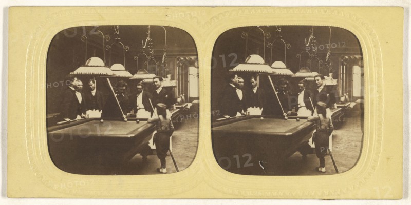 Men playing billards, one little boy holding a cue stick; E. Lamy, French, active 1860s - 1870s, about 1868; Hand-colored