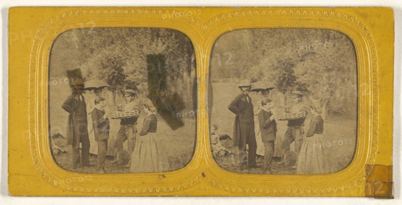 Family portrait at a picnic; E. Lamy, French, active 1860s - 1870s, about 1868; Hand-colored Albumen silver print