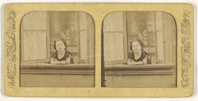 Little girl leaning out of an open window, arms crossed; Léon & Lévy, French, 1855 - 1865; Hand-colored Albumen silver print