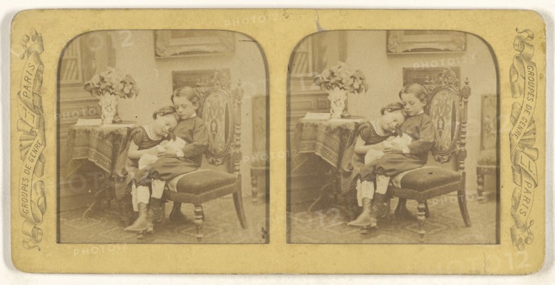 Groupes de Genre little boy and girl cuddling on a chair; Léon & Lévy, French, 1855 - 1865; Hand-colored Albumen silver print