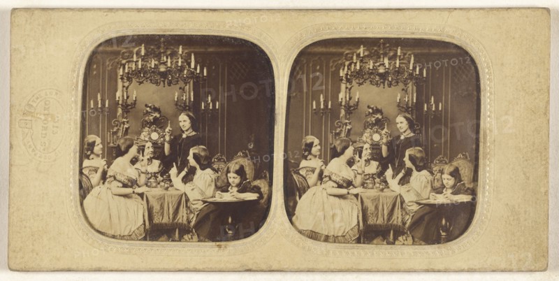 Parlor scene with a group of women and a little girl; London Stereoscopic Company, active 1854 - 1890, 1855 - 1865
