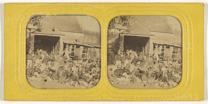 Group of firemen posed outside in front of station with wagon; Jules Marinier, French, active 1860s, 1855 - 1865; Hand-colored