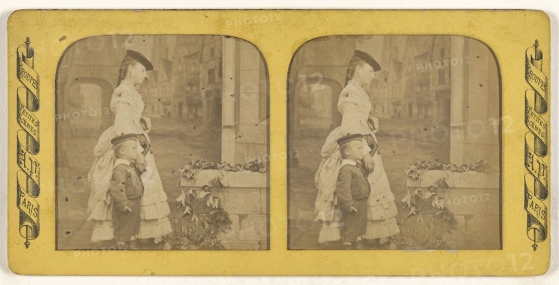 Groupes Petites Scenes: woman walking with little boy; Anatole Pougnet, French, active 1870s, 1855 - 1865; Hand-colored Albumen
