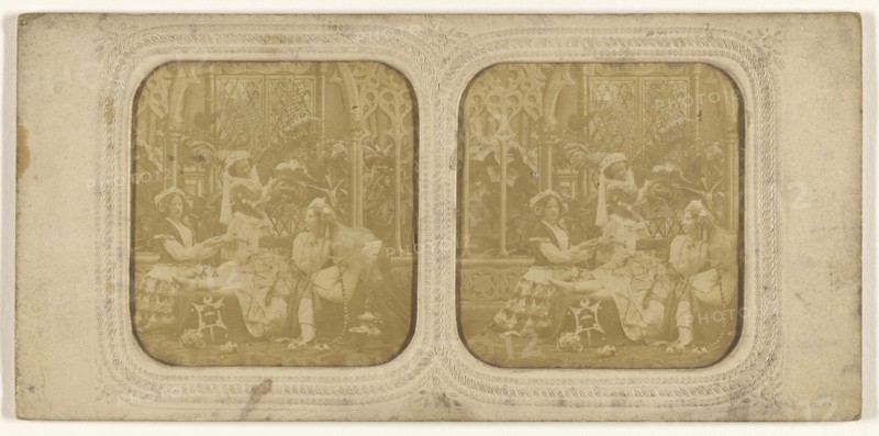 Parlor scene with three women; about 1860; Hand-colored Albumen silver print