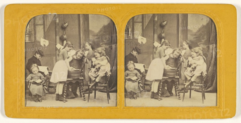 Children washing clothes; about 1860; Hand-colored Albumen silver print