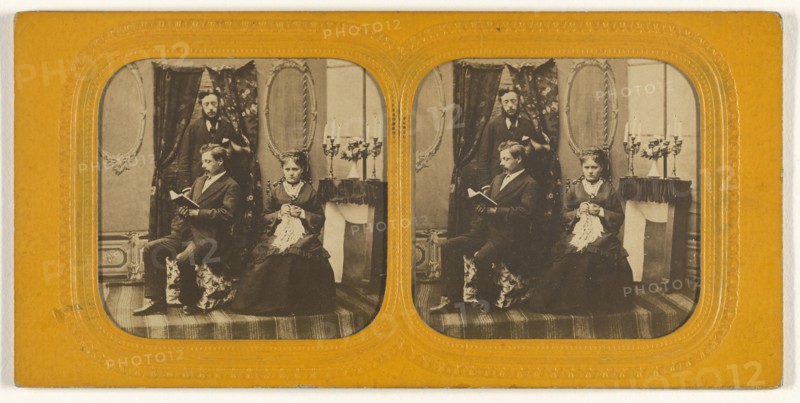 Parlor scene with two men and one woman; 1855 - 1860; Hand-colored Albumen silver print