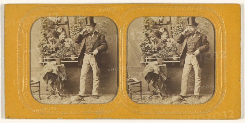 Well-dressed man in top hat twirling his moustache, two women gazing at him through an open window; 1855 - 1860; Hand-colored
