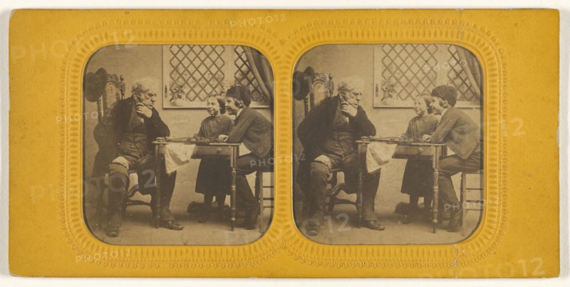 Elderly man playing checkers with two children; 1855 - 1860; Hand-colored Albumen silver print