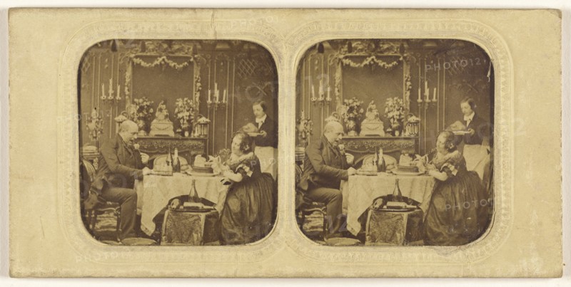 Elder man and woman at table eating, servant in background; 1855 - 1860; Hand-colored Albumen silver print