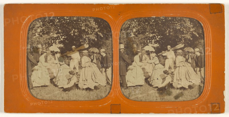 Group of well-dressed people outside, one man carrying oars; 1855 - 1860; Hand-colored Albumen silver print