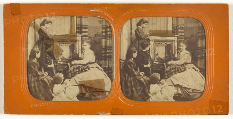Parlor scene: women observing a painting; 1855 - 1860; Hand-colored Albumen silver print