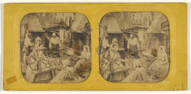 Genre scene: women spinning; 1855 - 1860; Hand-colored Albumen silver print