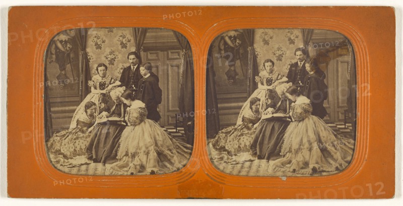 Family scene in parlor: elder woman reading to group; 1855 - 1860; Hand-colored Albumen silver print