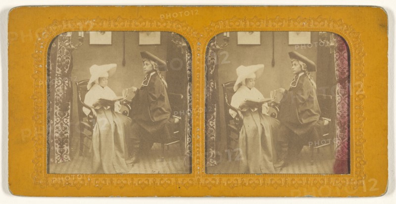 Young girl dressed as a nun with young boy wearing a cloak and three-corner hat; 1855 - 1860; Hand-colored Albumen silver print