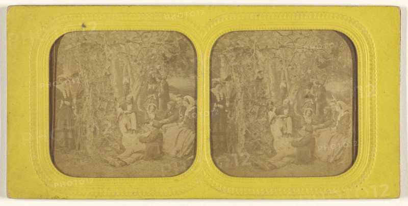 Group of people in a natural setting; 1855 - 1860; Hand-colored Albumen silver print