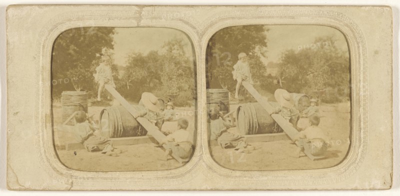 Children on makeshift see-saw; 1855 - 1860; Hand-colored Albumen silver print