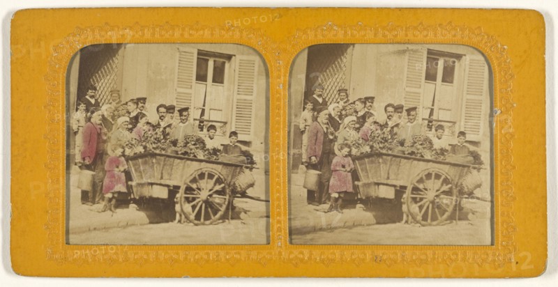 Group of people surrounding a cart of flowers; French; 1855 - 1860; Hand-colored Albumen silver print