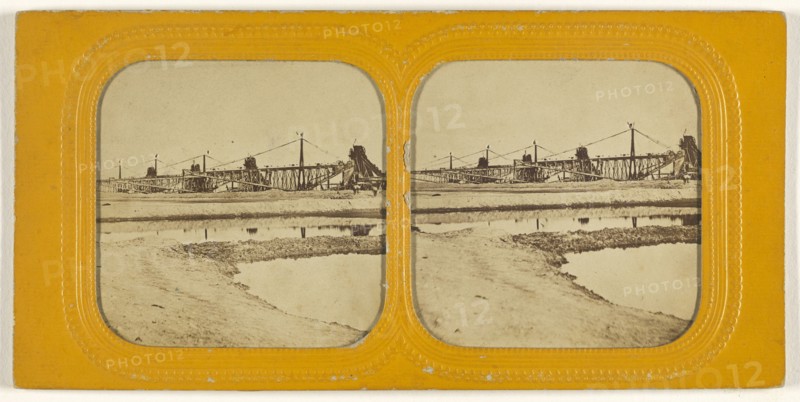 Bridge under construction; 1855 - 1860; Hand-colored Albumen silver print