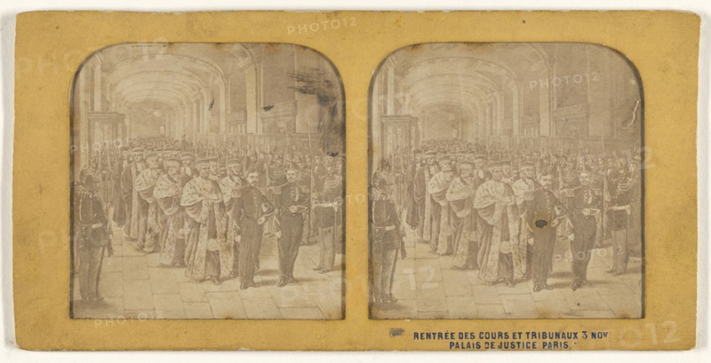 Rentree des Cours et Tribunaux 3 Nov. Palais de Justice, Paris; French; about 1860; Hand-colored Albumen silver print