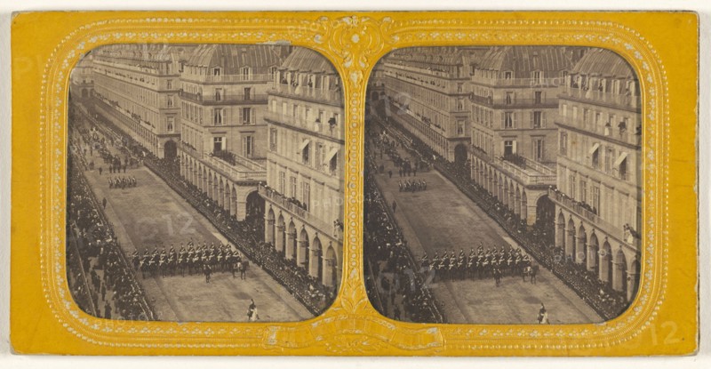 rue rivoli; French; about 1867; Hand-colored Albumen silver print