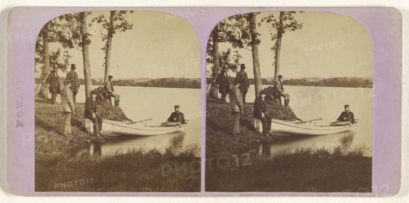 Boating scene: two men in rowboat, other men observing from river bank; Attributed to F.A. Wait, American, active 1860s