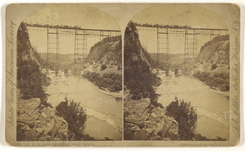 Portage R.R. Bridge First Test Train; L. E. Walker, American, 1826 - 1916, active Warsaw, New York, about 1870; Albumen silver