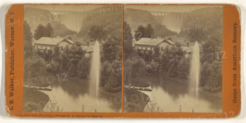 Glen Iris - Fountain - Portage R.R. Bridge in distance; L. E. Walker, American, 1826 - 1916, active Warsaw, New York