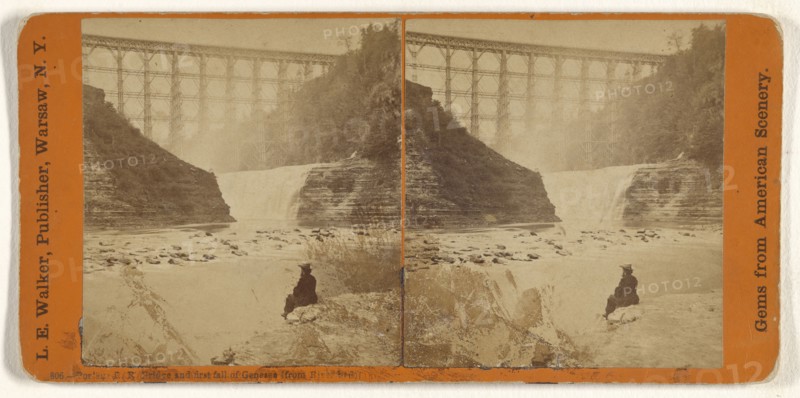 Portage R.R. Bridge and first fall of Genesee, from River bed, L. E. Walker, American, 1826 - 1916, active Warsaw, New York