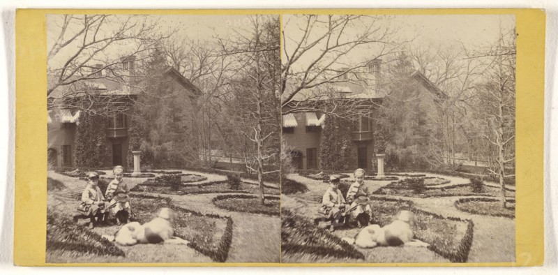 Children and dog posed on lawn, possibly at Watham, Mass; Henry F. Warren, American, active 1860s - 1870s, about 1870; Albumen