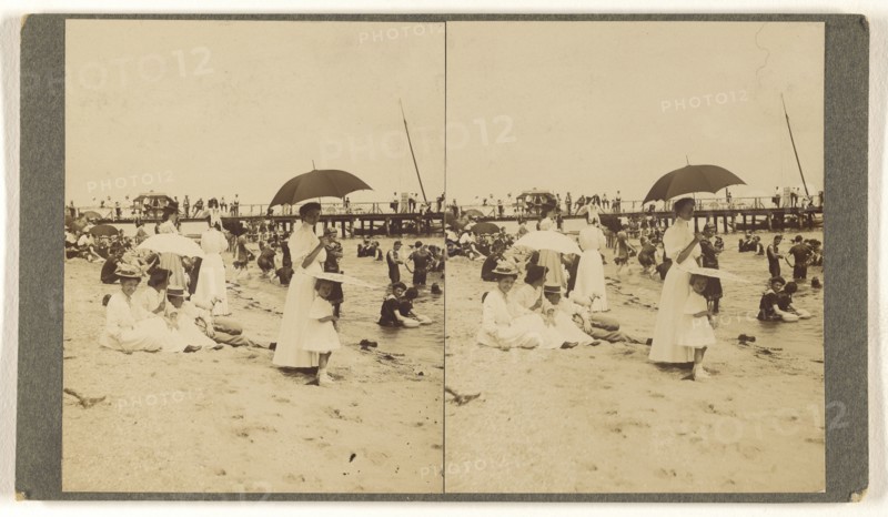 Colonial Beach, Va. On the beach at the bathing hour; Hanson E. Weaver, American, active 1860s - 1870s, about 1906; Gelatin