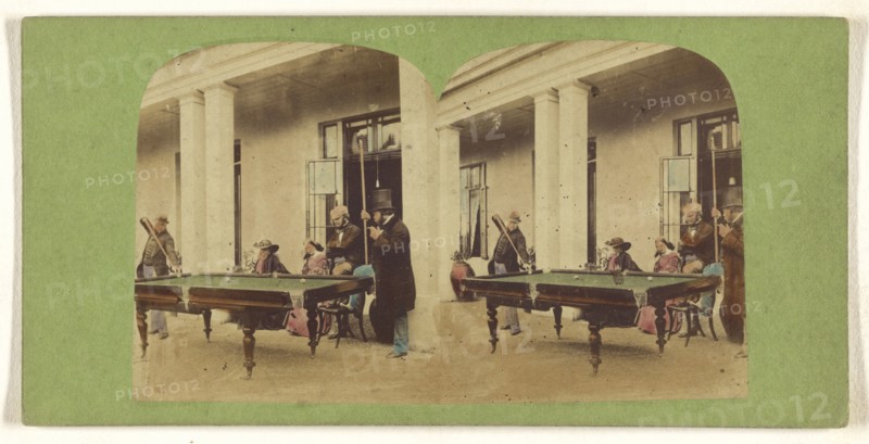 Men playing pool; about 1860; Hand-colored Albumen silver print
