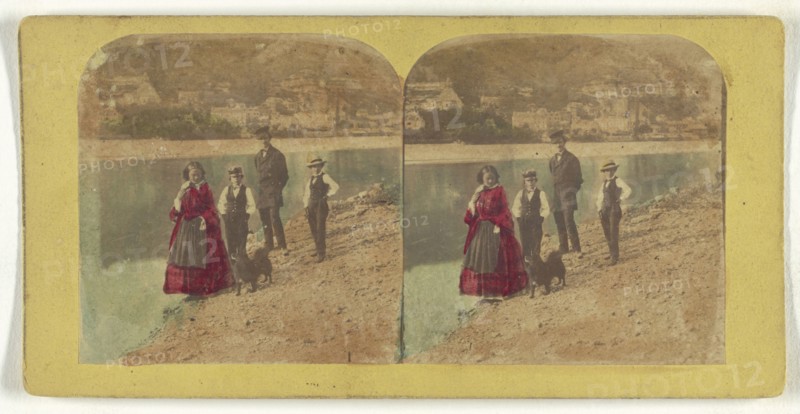 Family walking along shoreline with pet dog; about 1855 - 1860; Hand-colored Albumen silver print