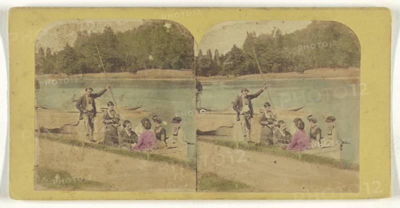Family in boat along shoreline; about 1855 - 1860; Hand-colored Albumen silver print