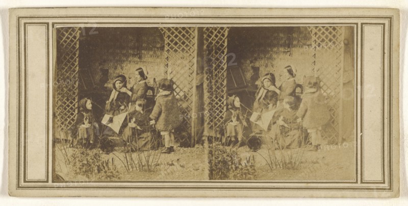 Mother attending a child, other children looking on; about 1865; Albumen silver print