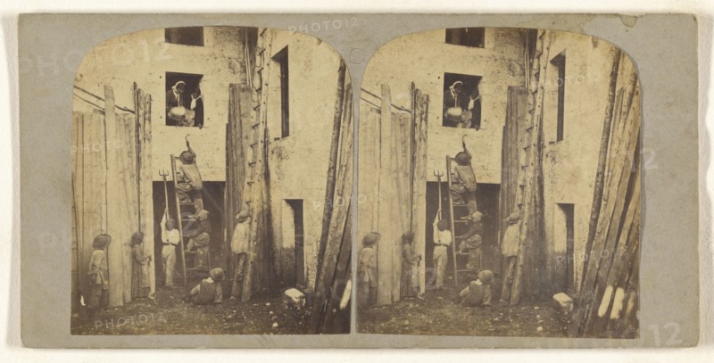 Young boys climbing ladder up to window where two woman are dumping water on them; about 1860; Albumen silver print