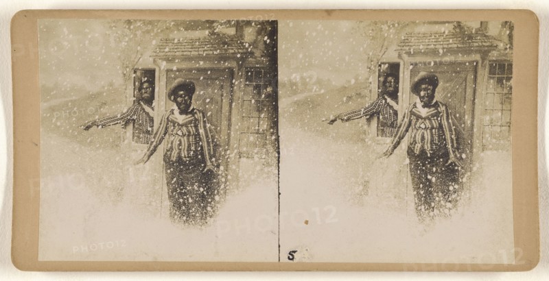 White men in blackface, one inside the house, the other caught outside in a snowstorm; about 1860; Albumen silver print
