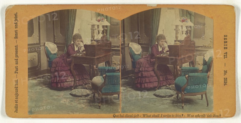 Que lui dirai-je? - What shall I write to him? - Was schreib' ich ihm?; about 1860; Hand-colored Albumen silver print