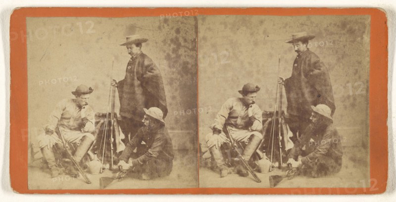 Genre: three men with hats, posed with guns; about 1865; Albumen silver print
